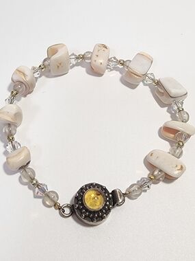 925 Sterling Shell Beaded Bracelet Amber Glass Clasp 8.5" Beachy